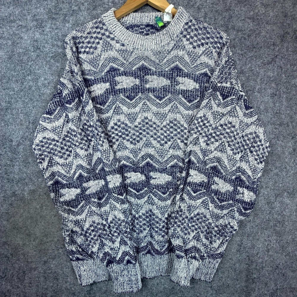 Vintage American Weekend Sweater Men Large Blue White Nordic Alpine‎ Monochrome
